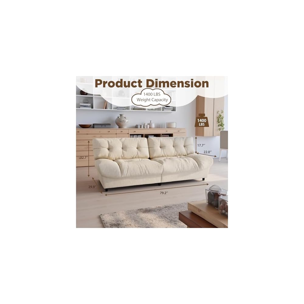 80" Armless Cloud Couch Loveseat, Chenille Deep Seat Sofa with Gently Raised Ends, Comfy 2-Seater Couch for Lounging & Napping, Small Space Apartment Sofa, Beige