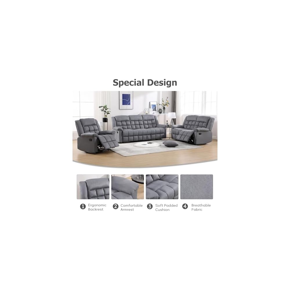 EBELLO Manual 3 Seater Reclining Sofa for Living Room, Soft Fabric Recliner Couch with Padded Headrest and Seat, Reclining Couch for Office, Grey(3-seat Sofa)