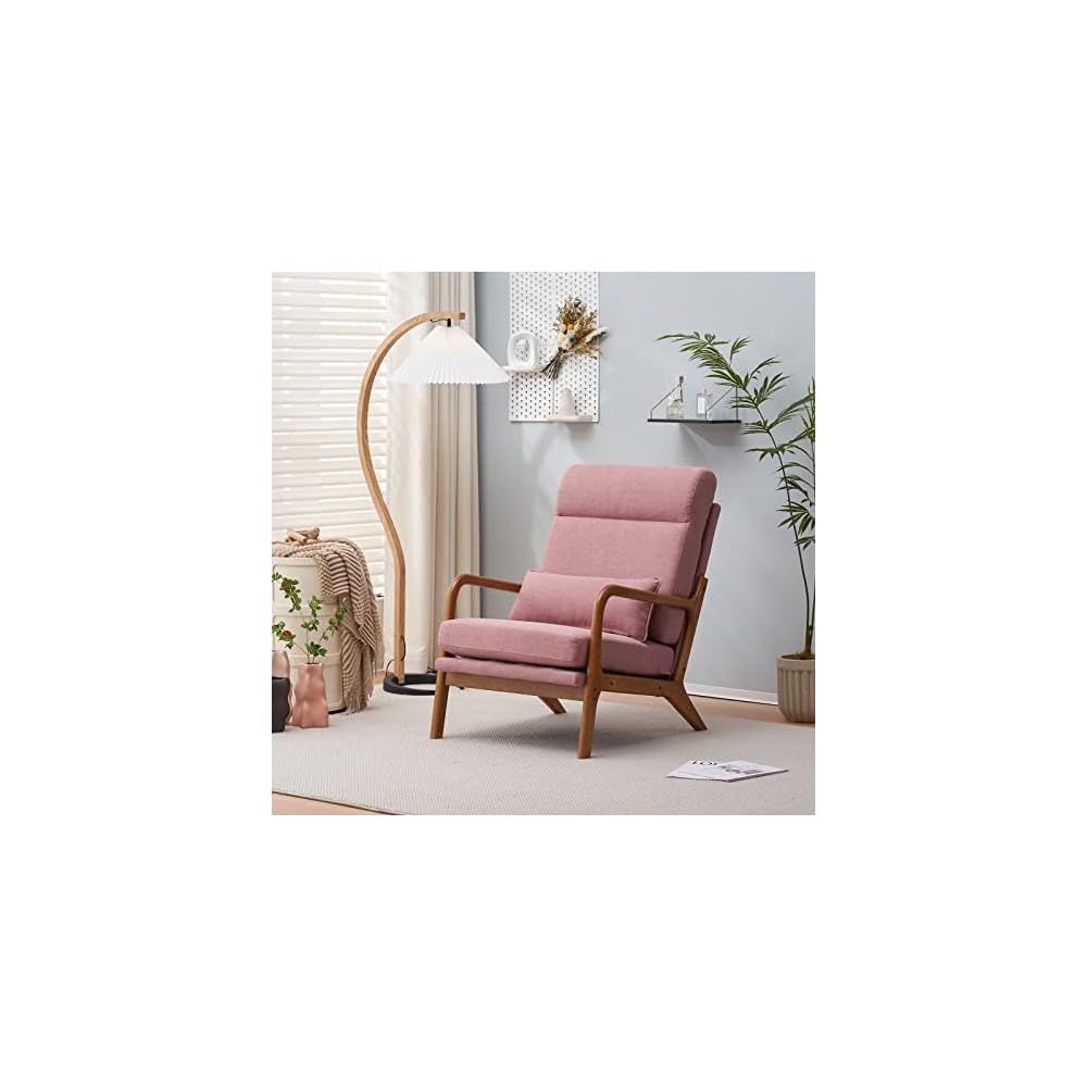 Mid Century Modern Accent Chair with High Back Waist Cushion, Upholstered Living Room Chairs for Reading, Relaxing, Entertaining, Wood Frame Armchair for Bedroom, Sunroom, Balcony (Pink)