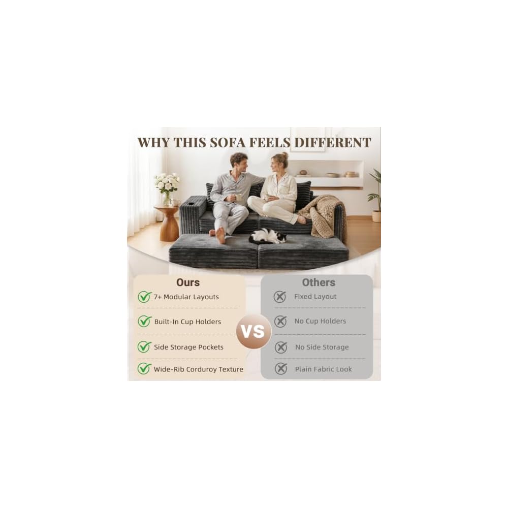 EROMMY 80" Cloud Modular Sectional Sofa, Boneless Corduroy Couch Sofa with Cup Holders & Side Pockets, L-Shaped Couch with Reversible Chaise, Deep Seat, No Assembly, Grey