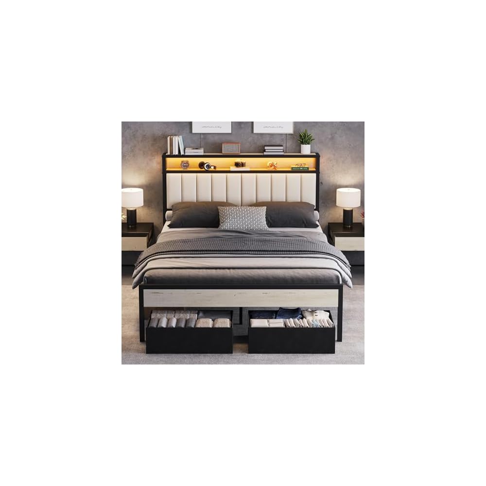 AMERLIFE Full Bed Frame with LED Lights & 2-Tier Storage Headboard