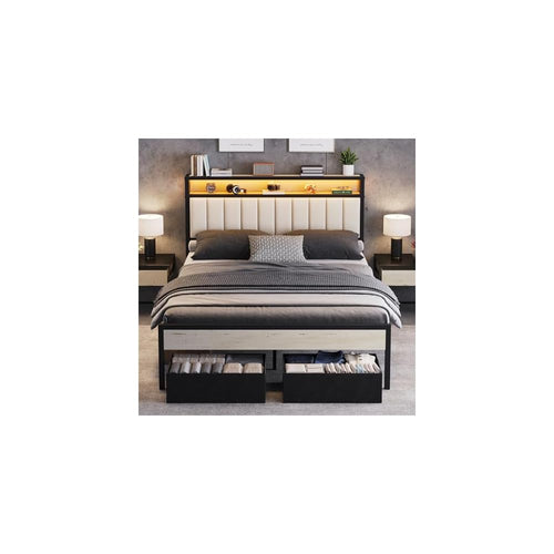 AMERLIFE Full Bed Frame with LED Lights & 2-Tier Storage Headboard