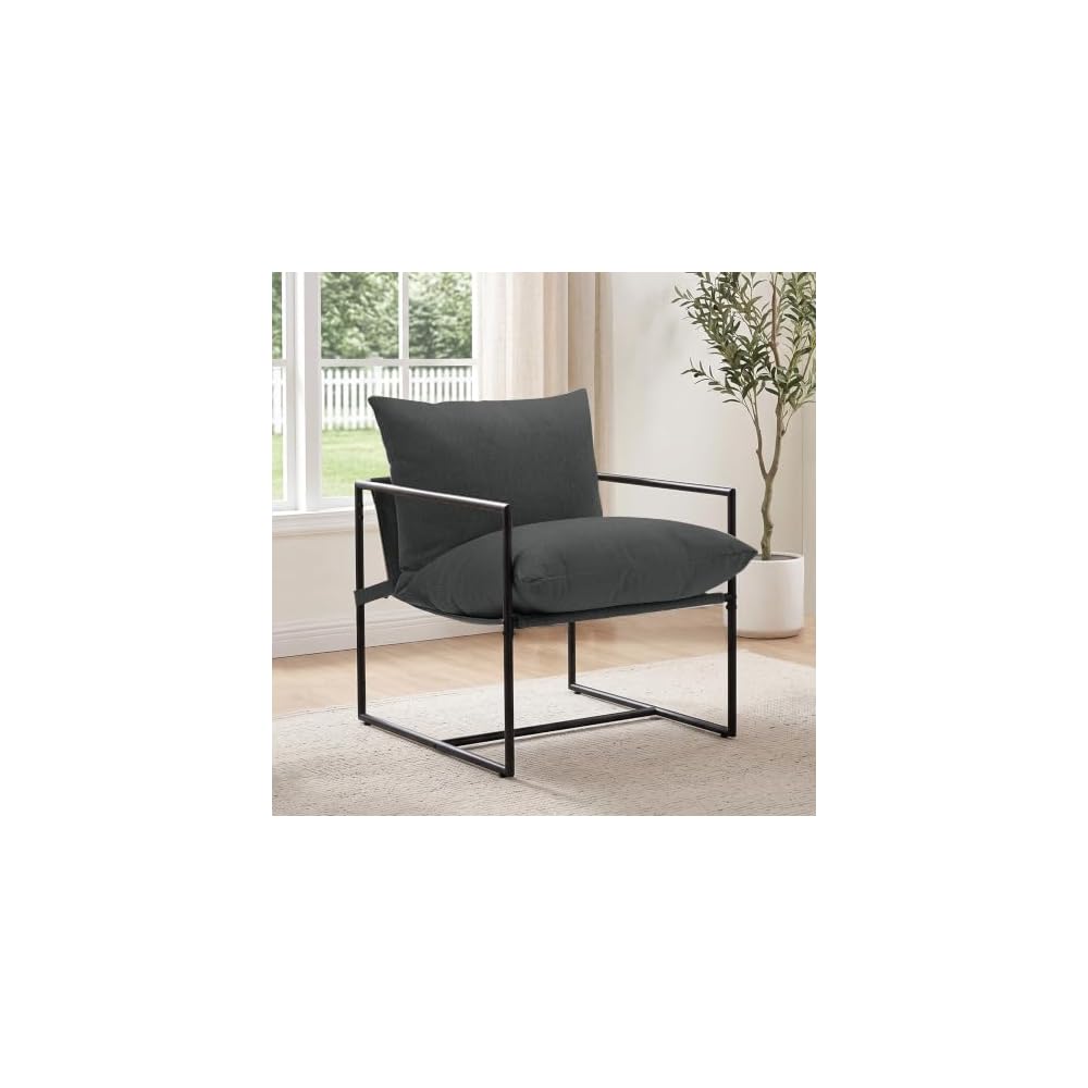 Modern Accent Chair, Upholstered Reading Sling Chair with Metal Frame and Soft Cushion,Stylish Lounge Armchair for Living Room, Bedroom or Office Seating, Ivory