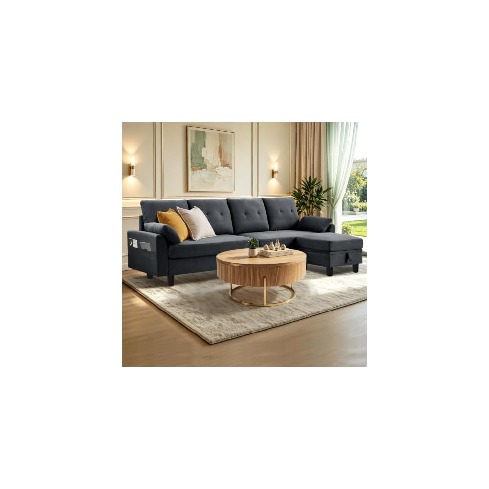 102" Sectional Sofa, 4-Seat L Shaped Couch with Storage Chaise and Phone Holder for Living Room, Convertible Sofa with Headrests, Dark Grey