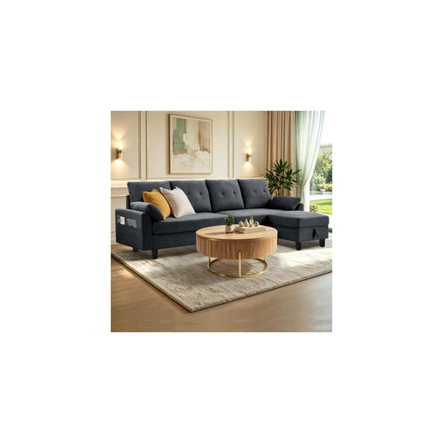 102" Sectional Sofa, 4-Seat L Shaped Couch with Storage Chaise and Phone Holder for Living Room, Convertible Sofa with Headrests, Dark Grey