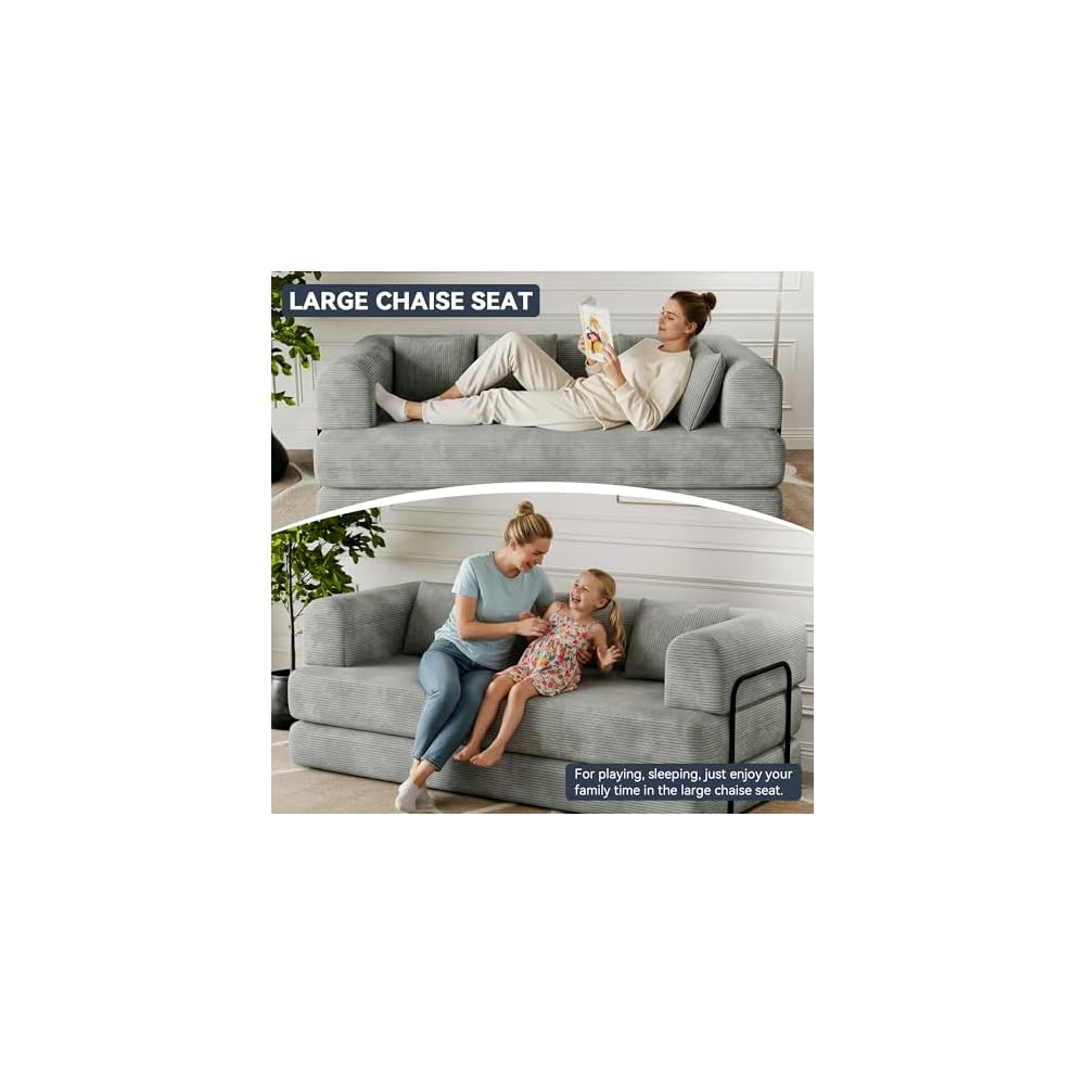 WENTMENT 80‘’Convertible Floor Sofa Bed for Living Room Boneless Couch with Deep Seat, Corduroy Pull Out Sofa Bed with 3 Pillows Bedroom, Apartment, No Assembly,Grey