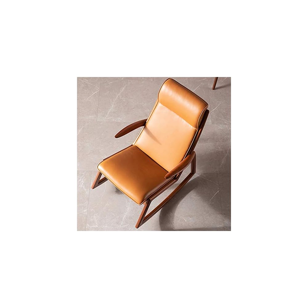 Vintage Single Leather Rocking Chair Smooth Rocking Motion Leather Black Walnut Wood Lounge Terrace Recliner Suitable for Terrace Living Room