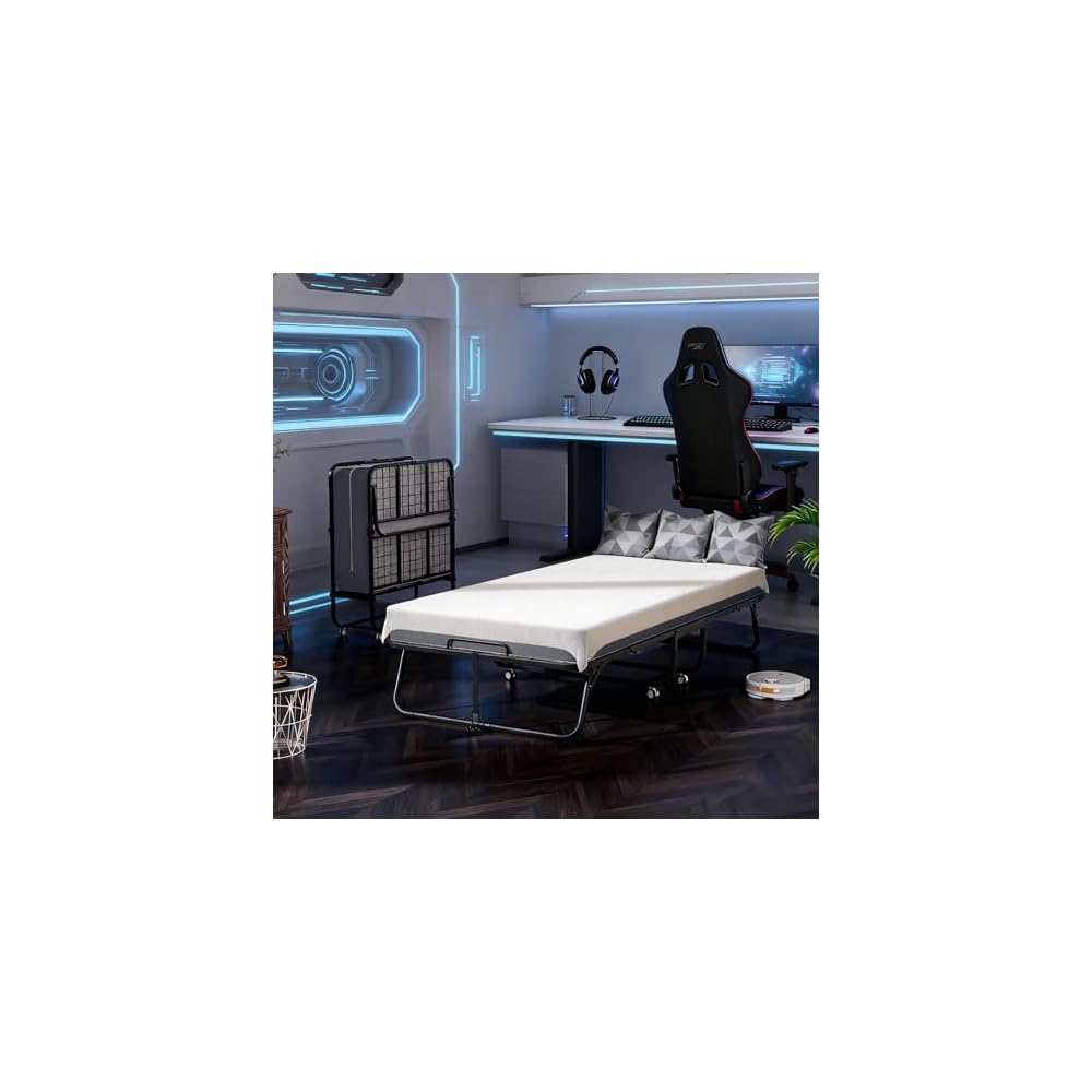 Pataku Folding Bed with Mattress, 75"x31" Roll Away Frame, 5" Memory Foam