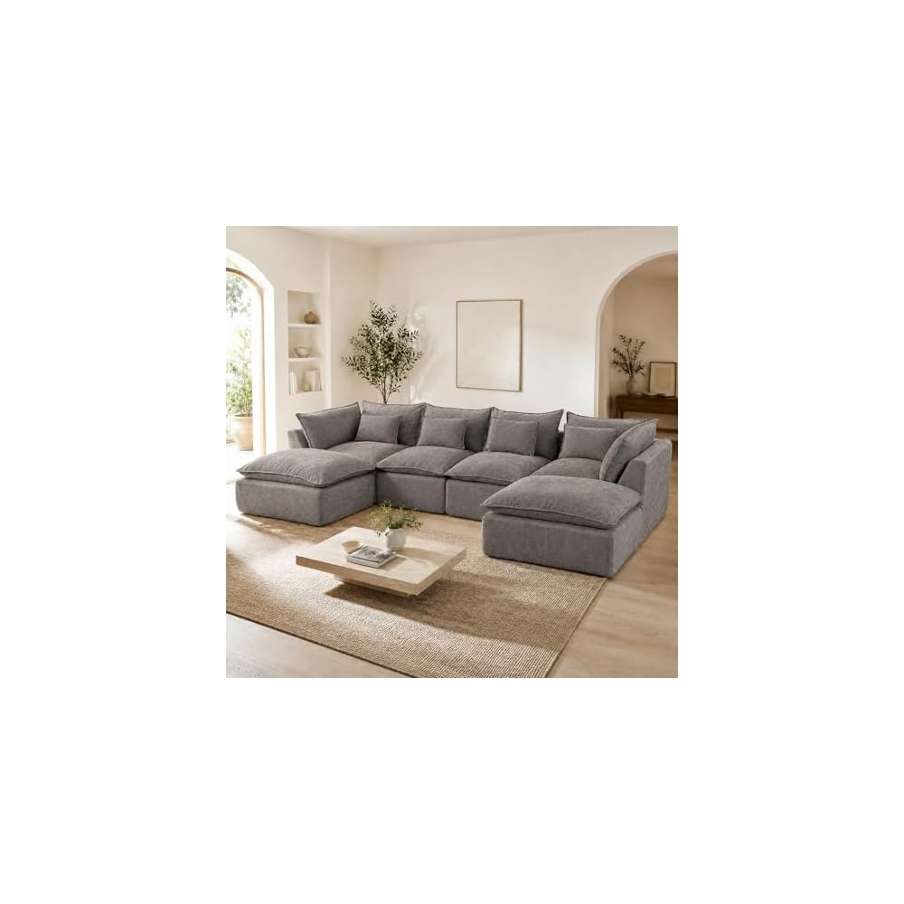 130" Modular Boneless Couch, Oversized U Shaped Sectional Sofa with Deep Seats, Comfy Frameless Cloud Couch in a Box for Living Room, Waffle Fabric 4-Seat + 2 Ottomans, Gray