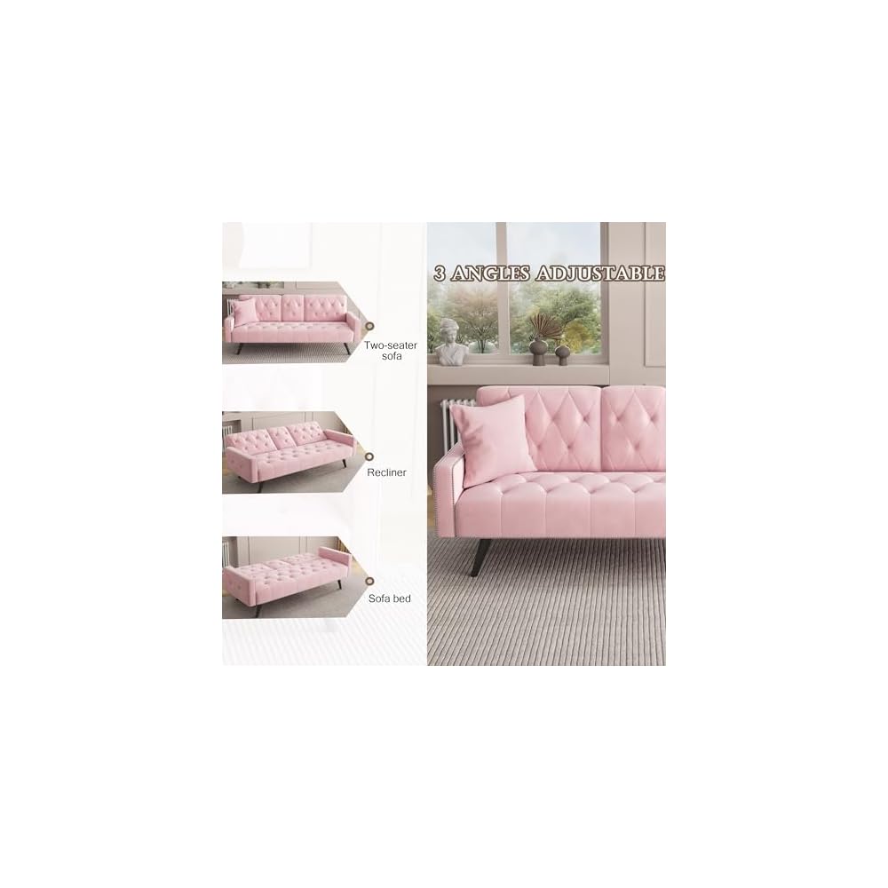 72" Pink Velvet Futon Sofa Bed - 2 Cup Holders