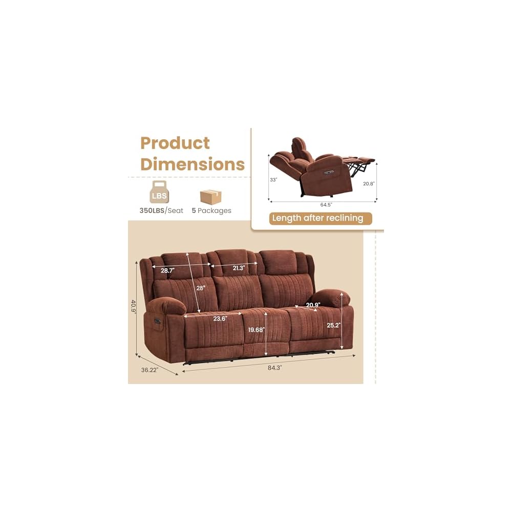 Zero Gravity Power Reclining Sofa, 3-Seat Reclining Couch with Flip Middle Backrest, Power Headrest, Oversized Electric Recliner Sofa with Dual Motor for Living Room(Brown)