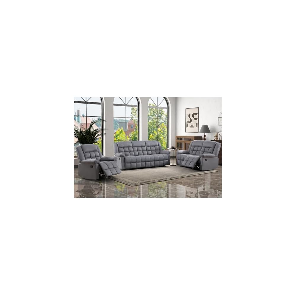 EBELLO Manual 3 Seater Reclining Sofa for Living Room, Soft Fabric Recliner Couch with Padded Headrest and Seat, Reclining Couch for Office, Grey(3-seat Sofa)