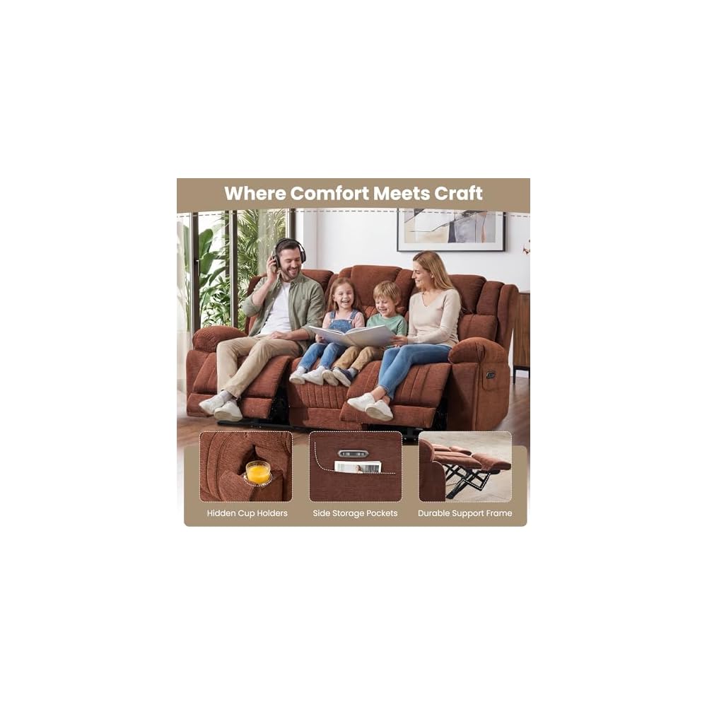 Zero Gravity Power Reclining Sofa, 3-Seat Reclining Couch with Flip Middle Backrest, Power Headrest, Oversized Electric Recliner Sofa with Dual Motor for Living Room(Brown)