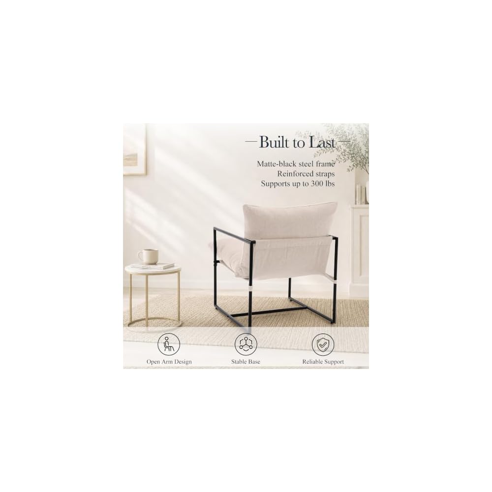 Modern Accent Chair, Upholstered Reading Sling Chair with Metal Frame and Soft Cushion,Stylish Lounge Armchair for Living Room, Bedroom or Office Seating, Ivory