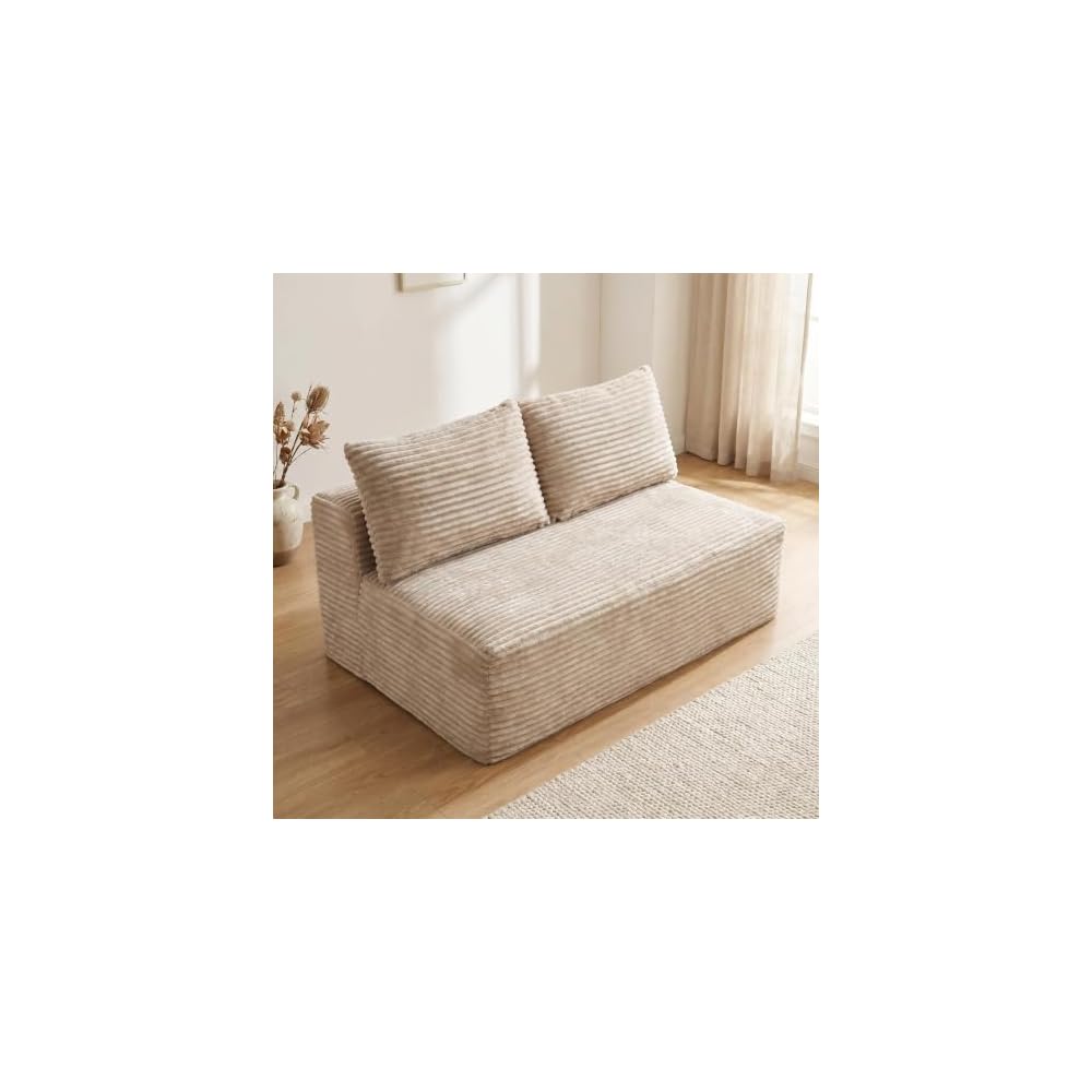 Low Profile Sofa, Camel Corduroy Armless Legless Loveseat, 2-Seater Floor Sofa for Small Apartment Living Room
