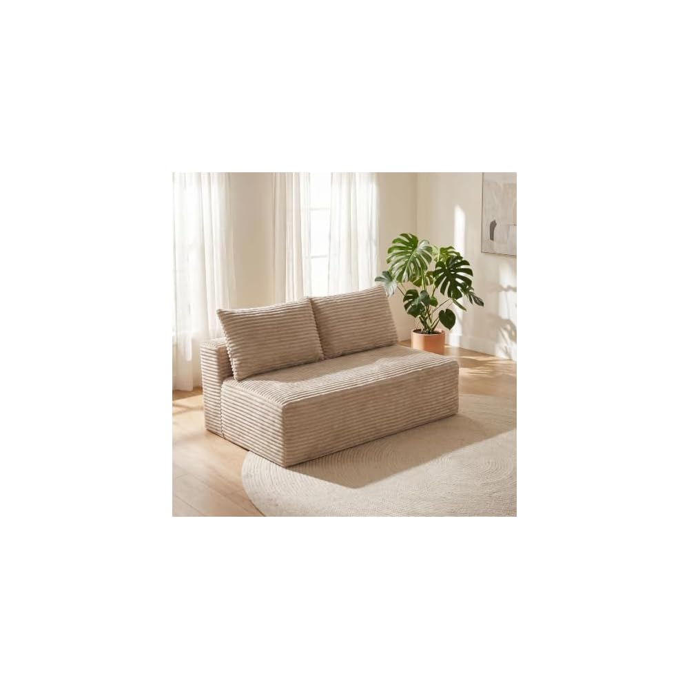 Low Profile Sofa, Camel Corduroy Armless Legless Loveseat, 2-Seater Floor Sofa for Small Apartment Living Room