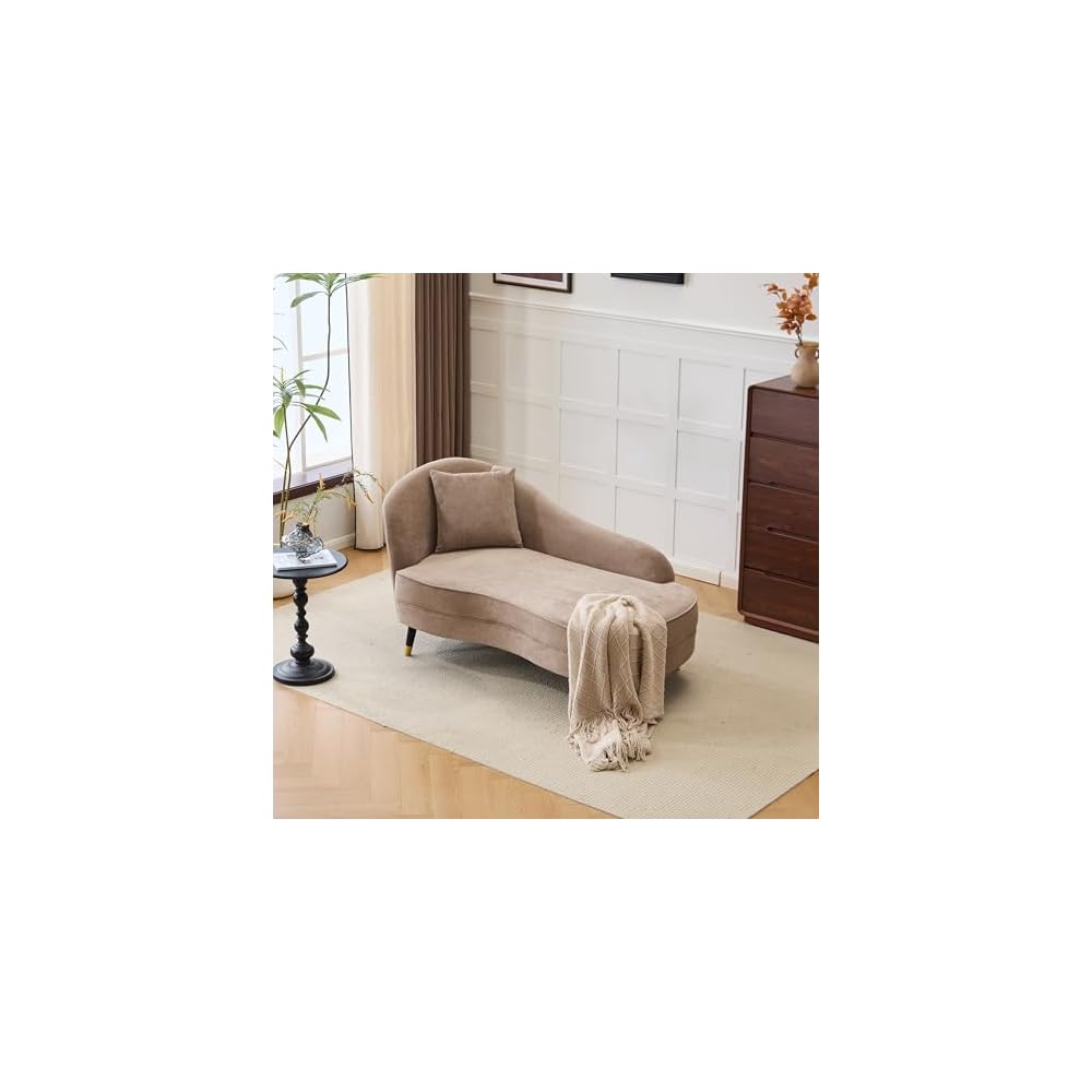 Merax 61" Velvet Curved Chaise Lounge Indoor with Pillow, Mid-Century Modern Upholstered Chaise Lounge Sofa with Left Armrest & Pillows, Wood Leg, Fainting Couch Sleeper Sofa for Living Room, Camel