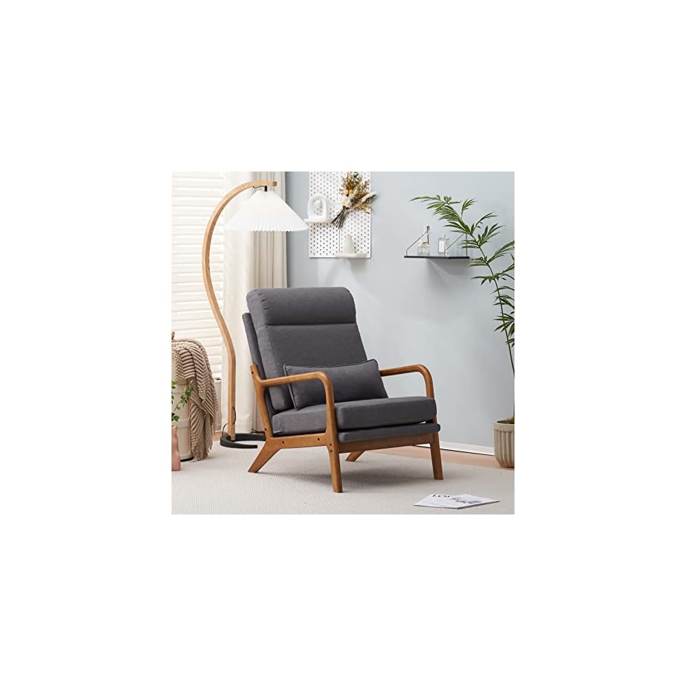 Mid Century Modern Accent Chair with High Back Waist Cushion, Upholstered Living Room Chairs for Reading, Relaxing, Entertaining, Wood Frame Armchair for Bedroom, Sunroom, Balcony (Pink)