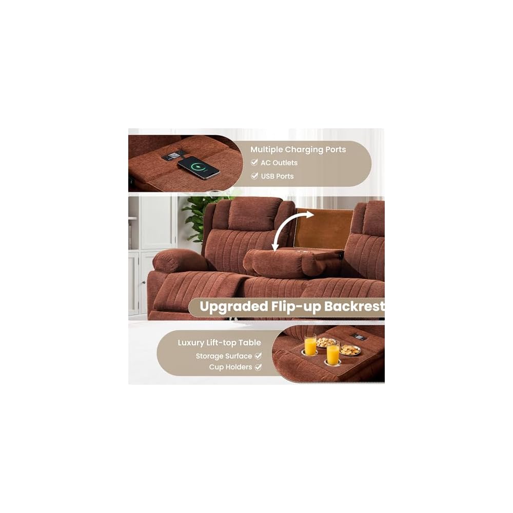 Zero Gravity Power Reclining Sofa, 3-Seat Reclining Couch with Flip Middle Backrest, Power Headrest, Oversized Electric Recliner Sofa with Dual Motor for Living Room(Brown)