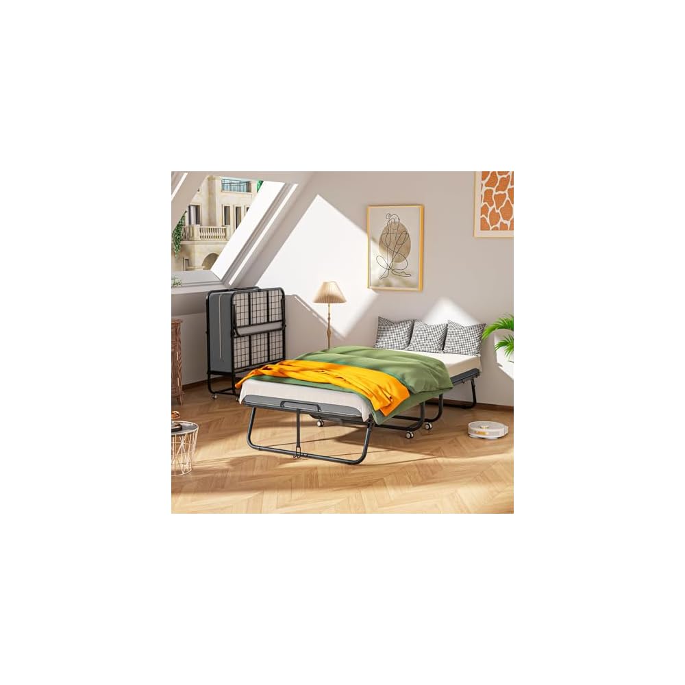SUNCROWN 75” x 38” Folding Bed with Mattress, Portable Rollaway Twin Folded Beds, Space-Saving Sturdy Metal Frame, Fold up Bed with 5" Memory Foam Mattress, Hideaway, Fold Up, Roll Away