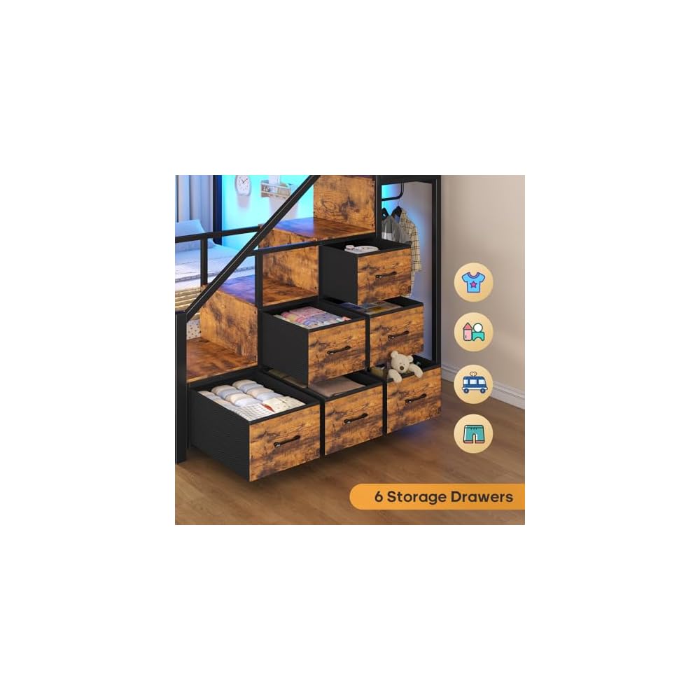 BTHFST Bunk Bed Full Over Full with Stairs, Storage Drawers and LED Lights