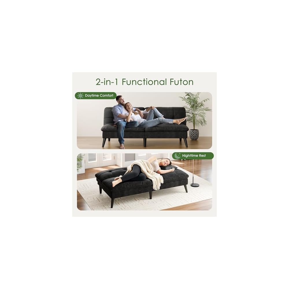 Vongrasig Futon Sofa Bed Velvet Futon Couch with Adjustable Backrest, Small Convertible Folding Sleeper Sofa Bed, Modern Loveseat for Living Room, Bedroom and Small Space, (Black)