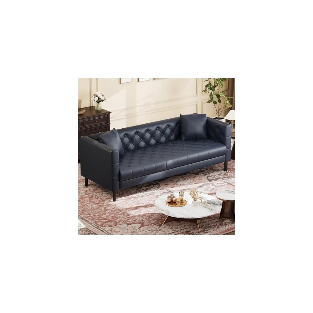 GAOMON 81" Faux Leather Couch,3 Seater Chesterfield Sofa,Button Tufted,Blue