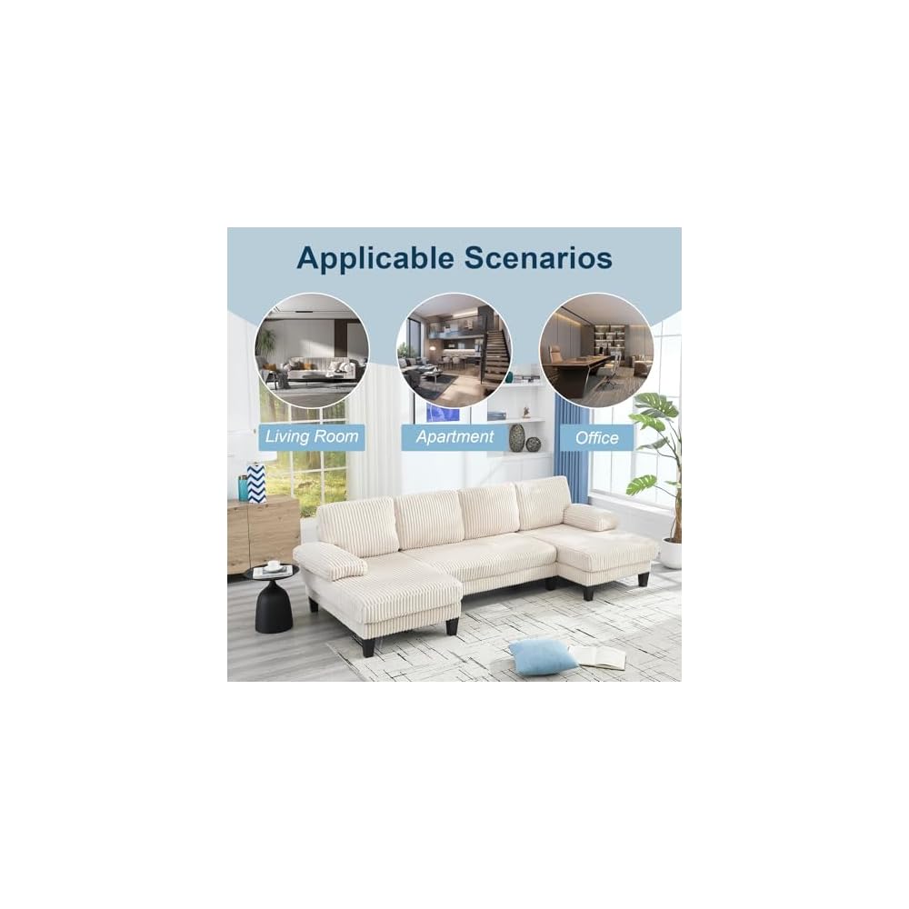 114" Cloud Couch Modular Sectional Sofa Convertible U-Shaped Couch with Double Chaise Lounge Corduroy Upholstery Sofa Double Cushions Deep Seat Sleeper Sofas Couches for Living Room White