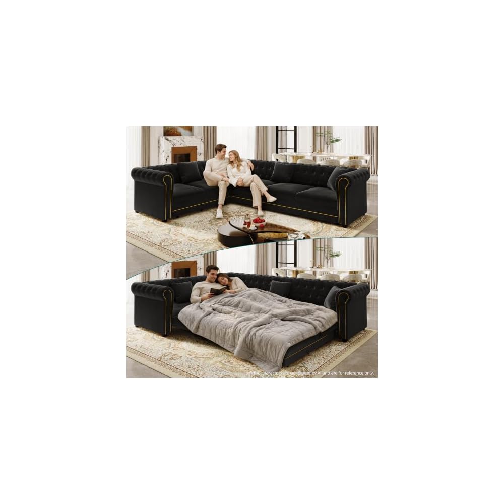 HANXIN 115.3" L-Shaped Sofa Couch with Pull Out Bed, Oversize Convertible Sectional Sleeper Sofa with Button Tufted & Rolled Arm, 6 Seat Velvet Upholstered Couches for Living Room(Black)
