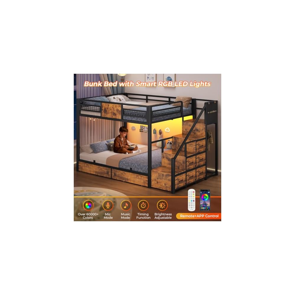 BTHFST Bunk Bed Full Over Full with Stairs, Storage Drawers and LED Lights