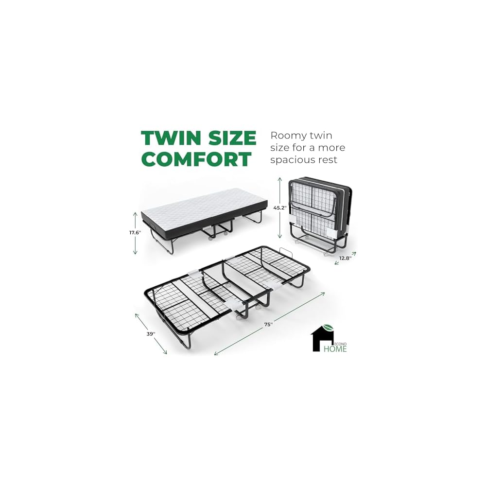EconoHome Folding Bed with Mattress - 75x39 Twin Size Frame - Portable Rollaway Guest Bed with 5-inch Memory Foam Mattress - Space-Saving Foldable Design for Easy Storage (39 Inch)
