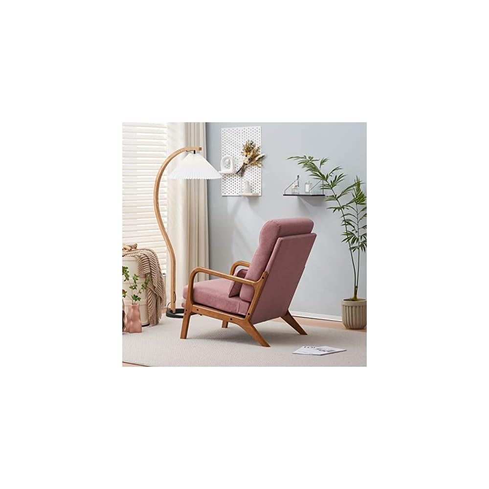 Mid Century Modern Accent Chair with High Back Waist Cushion, Upholstered Living Room Chairs for Reading, Relaxing, Entertaining, Wood Frame Armchair for Bedroom, Sunroom, Balcony (Pink)