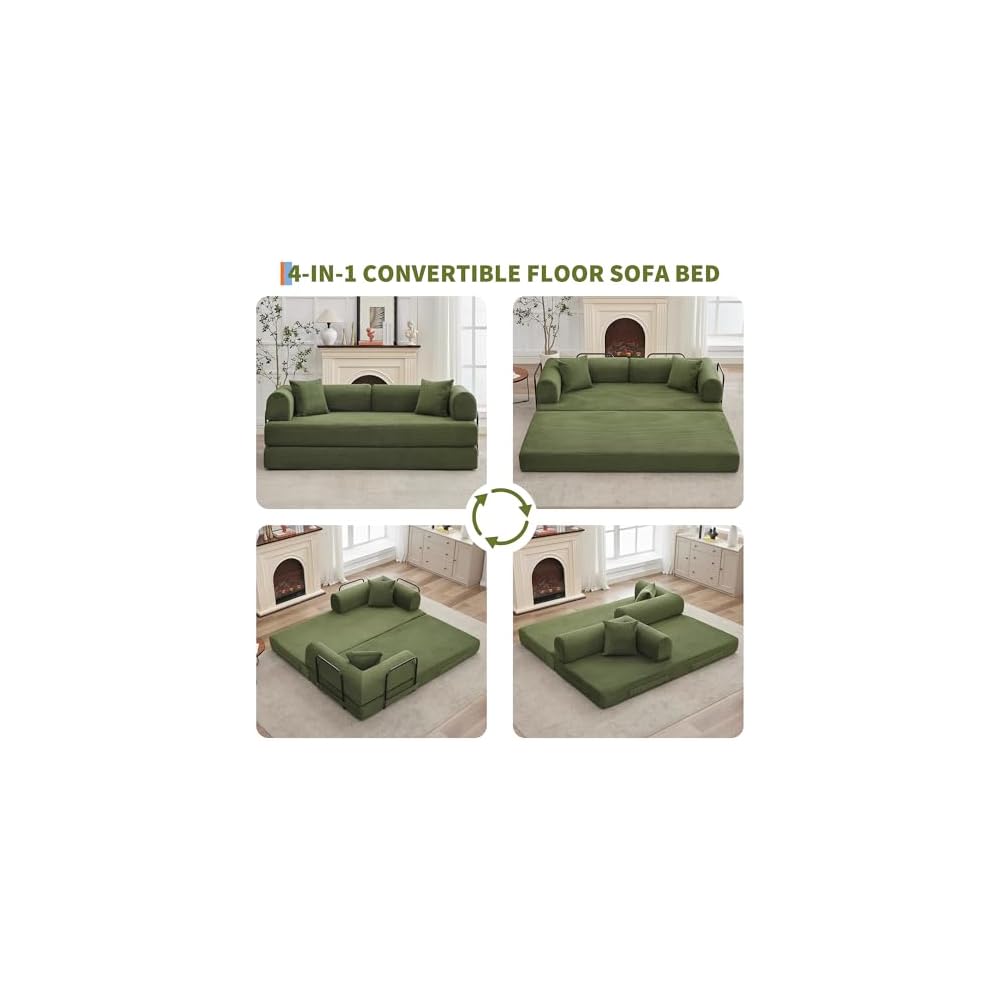 GarveeHome 79" Convertible Sleeper Sofa Bed Couch, 4-in-1 Boneless Corduroy Folding Sofa Bed with Pillow & Fixed-Shape, Floor Mattress Couch Loveseat for Living Room Apartments - No Assembly, Green
