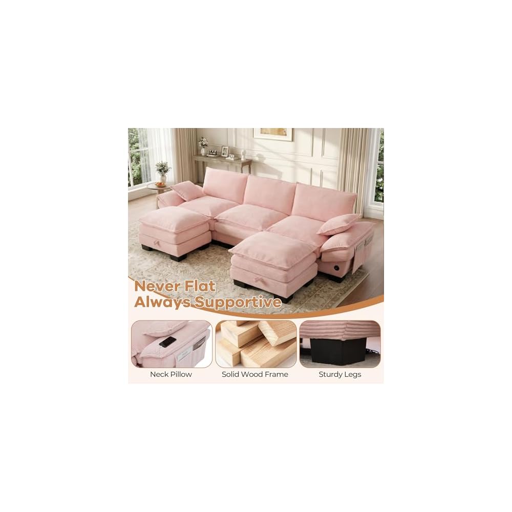 102" U Shaped Couch, Modular Sectional Sofa with Storage Ottoman, Comfy Fluffy Cloud Sectional Couches for Living Room, Modern Modular Sofa with USB Ports (Pink)