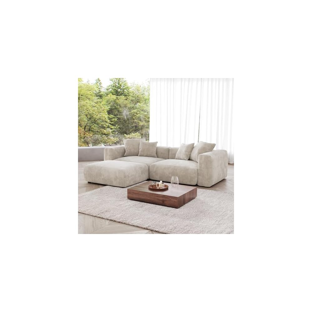 JACH Corduroy Modular Sectional Couch, Oversized Sectional Sofa with Chaise Ottoman, Cushion Covers Removable, Modern Deep 2-Seat Couches for Living Room, Office (Beige)