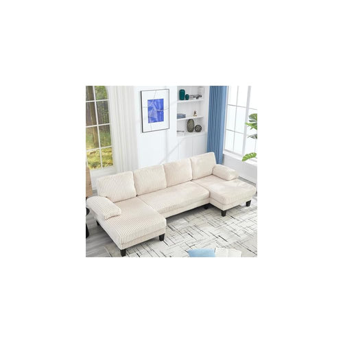 114" Cloud Couch Modular Sectional Sofa Convertible U-Shaped Couch with Double Chaise Lounge Corduroy Upholstery Sofa Double Cushions Deep Seat Sleeper Sofas Couches for Living Room White