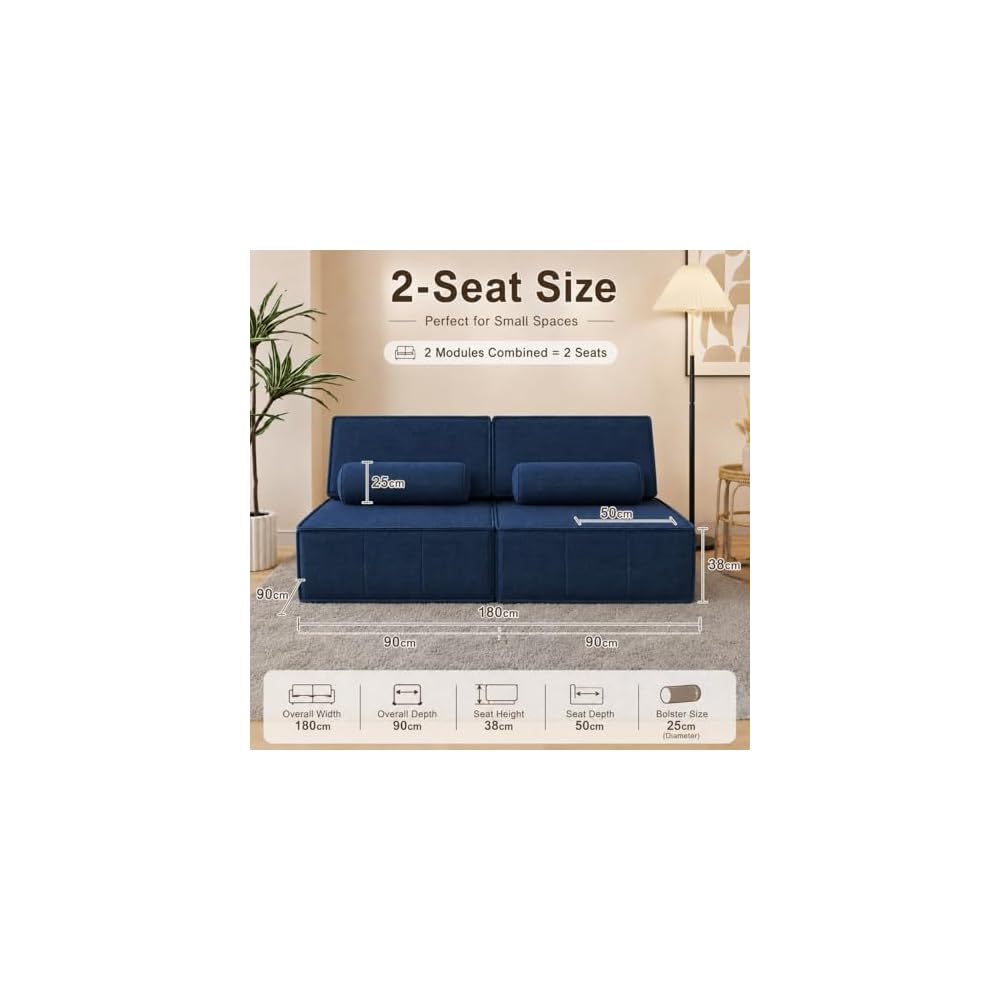 PurrJoys Modular Sectional Loveseat, 2-Piece Deep Seat Corduroy Lounge Sofa with Movable Cushions, Small Loveseat Couch for Living Room, Bedroom, Apartment, Blue