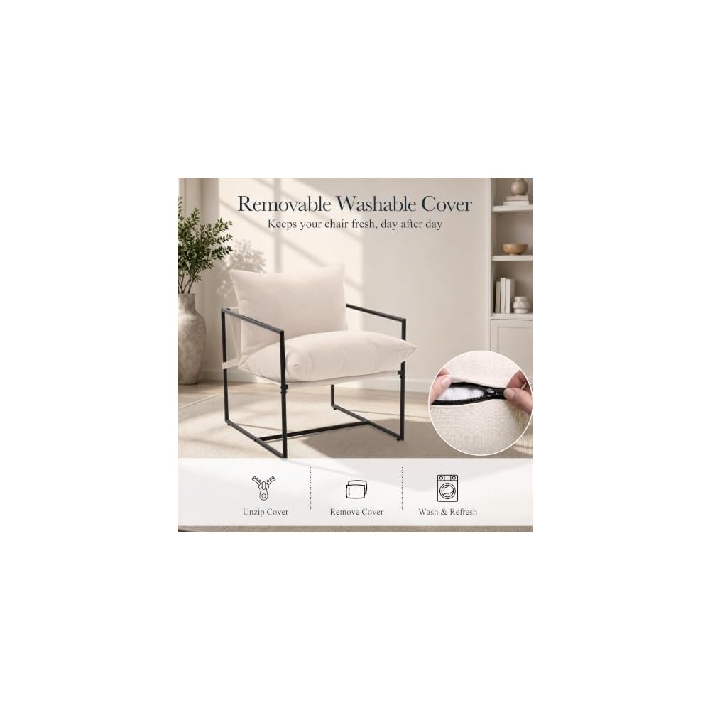 Modern Accent Chair, Upholstered Reading Sling Chair with Metal Frame and Soft Cushion,Stylish Lounge Armchair for Living Room, Bedroom or Office Seating, Ivory