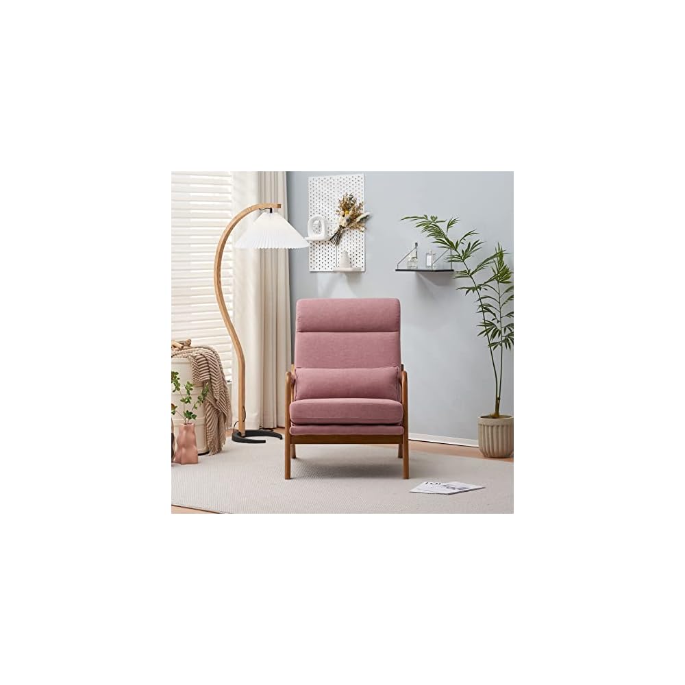 Mid Century Modern Accent Chair with High Back Waist Cushion, Upholstered Living Room Chairs for Reading, Relaxing, Entertaining, Wood Frame Armchair for Bedroom, Sunroom, Balcony (Pink)