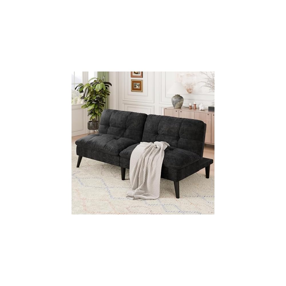 Vongrasig Futon Sofa Bed Velvet Futon Couch with Adjustable Backrest, Small Convertible Folding Sleeper Sofa Bed, Modern Loveseat for Living Room, Bedroom and Small Space, (Black)