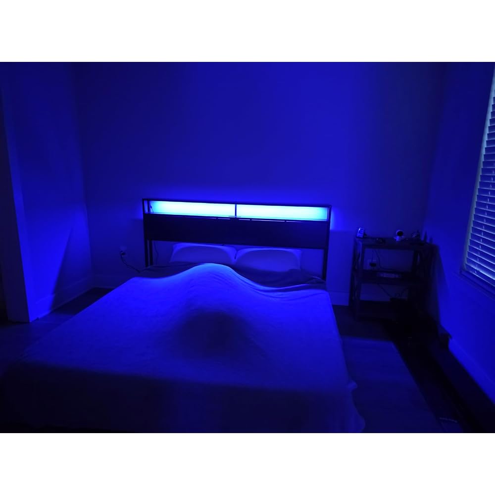 Queen Size Bed Frame with Charging Station and LED Lights, White