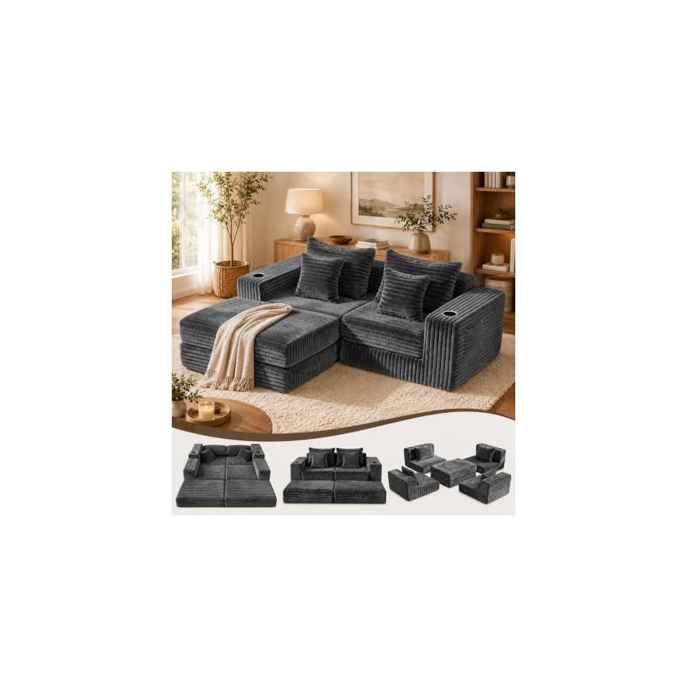 EROMMY 80" Cloud Modular Sectional Sofa, Boneless Corduroy Couch Sofa with Cup Holders & Side Pockets, L-Shaped Couch with Reversible Chaise, Deep Seat, No Assembly, Grey