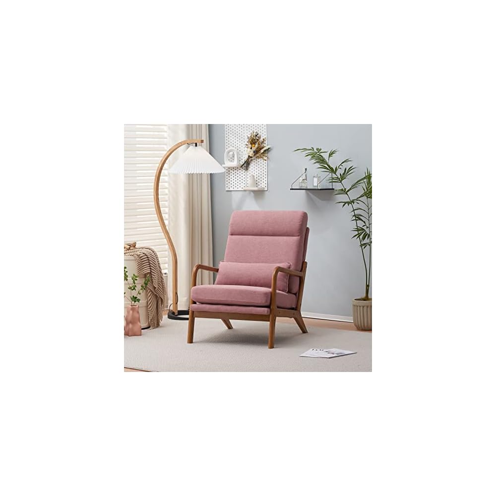 Mid Century Modern Accent Chair with High Back Waist Cushion, Upholstered Living Room Chairs for Reading, Relaxing, Entertaining, Wood Frame Armchair for Bedroom, Sunroom, Balcony (Pink)