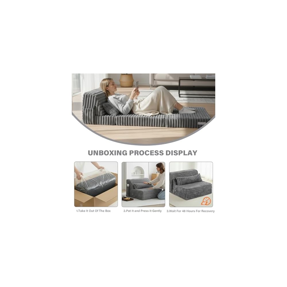 Tiita Folding Sofa Bed Convertible Sleeper Chair Mattress with Pillow & Side Pocket, Thick Corduroy Floor Mattress Couch Bed, Single Size, Grey