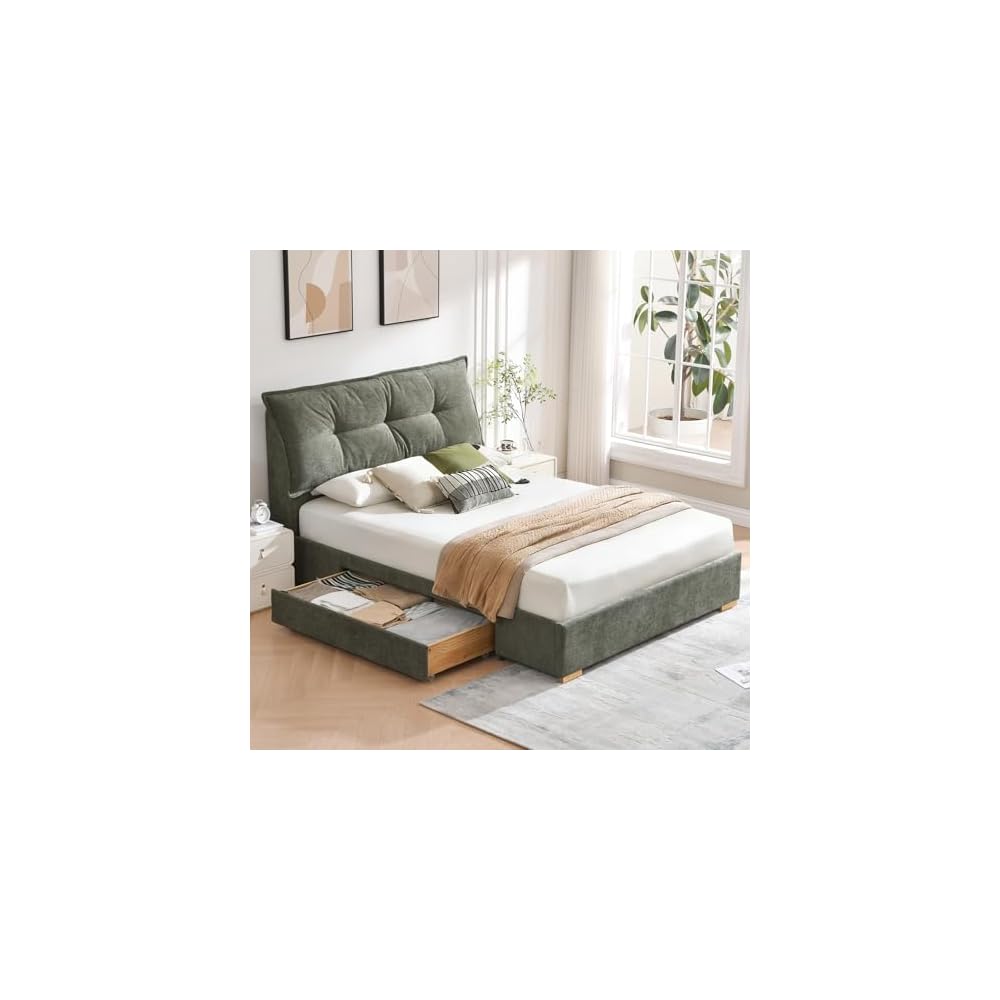VELOCAVA Full Size Upholstered Bed Frame with 2 Drawers Storage, Platform Bed with Soft & Cushioned Headboard, Sturdy Wood Slats, Underbed Storage, No Box Spring Needed, Sage Green