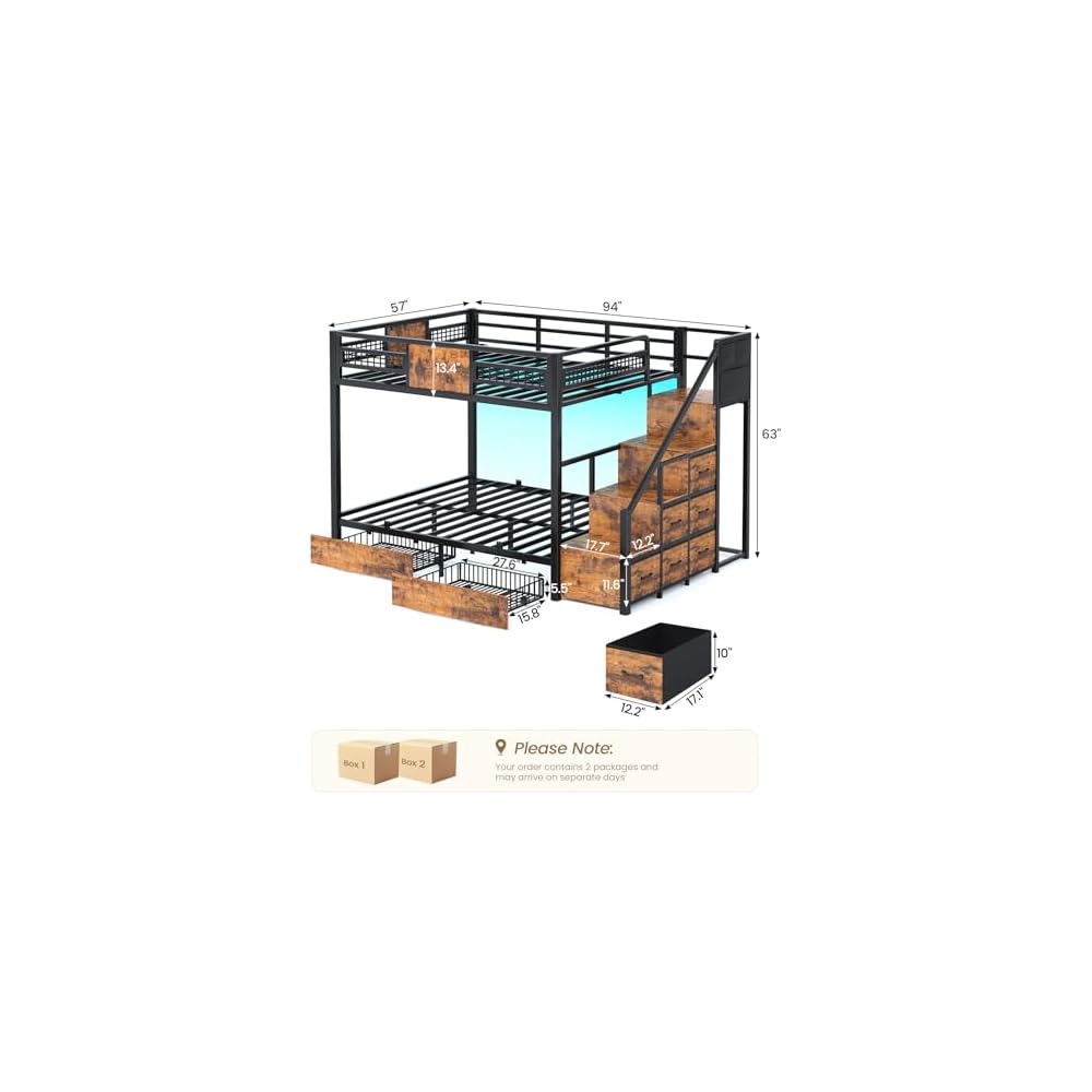 BTHFST Bunk Bed Full Over Full with Stairs, Storage Drawers and LED Lights