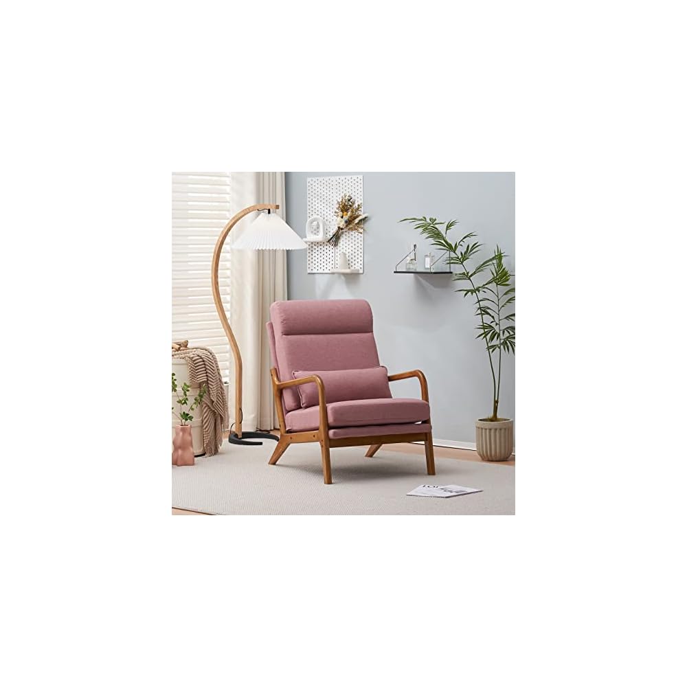 Mid Century Modern Accent Chair with High Back Waist Cushion, Upholstered Living Room Chairs for Reading, Relaxing, Entertaining, Wood Frame Armchair for Bedroom, Sunroom, Balcony (Pink)