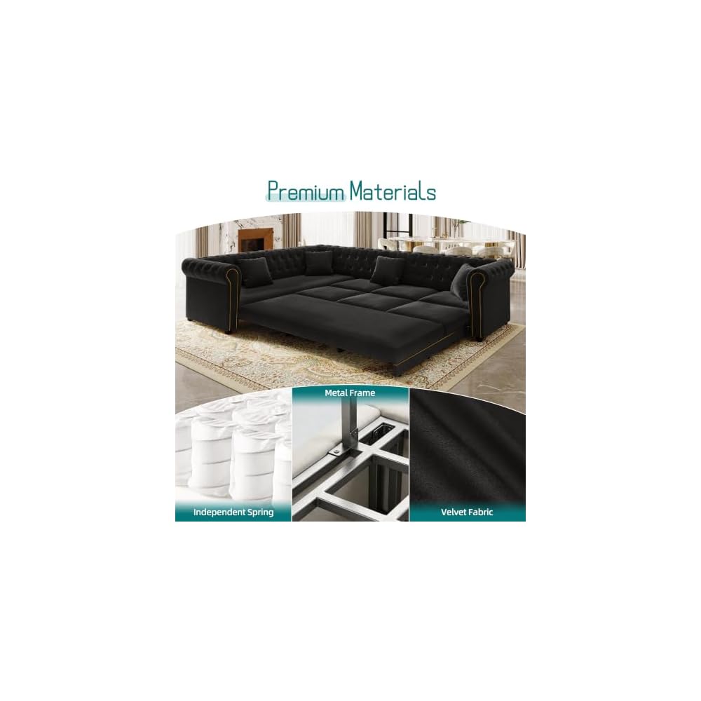 HANXIN 115.3" L-Shaped Sofa Couch with Pull Out Bed, Oversize Convertible Sectional Sleeper Sofa with Button Tufted & Rolled Arm, 6 Seat Velvet Upholstered Couches for Living Room(Black)