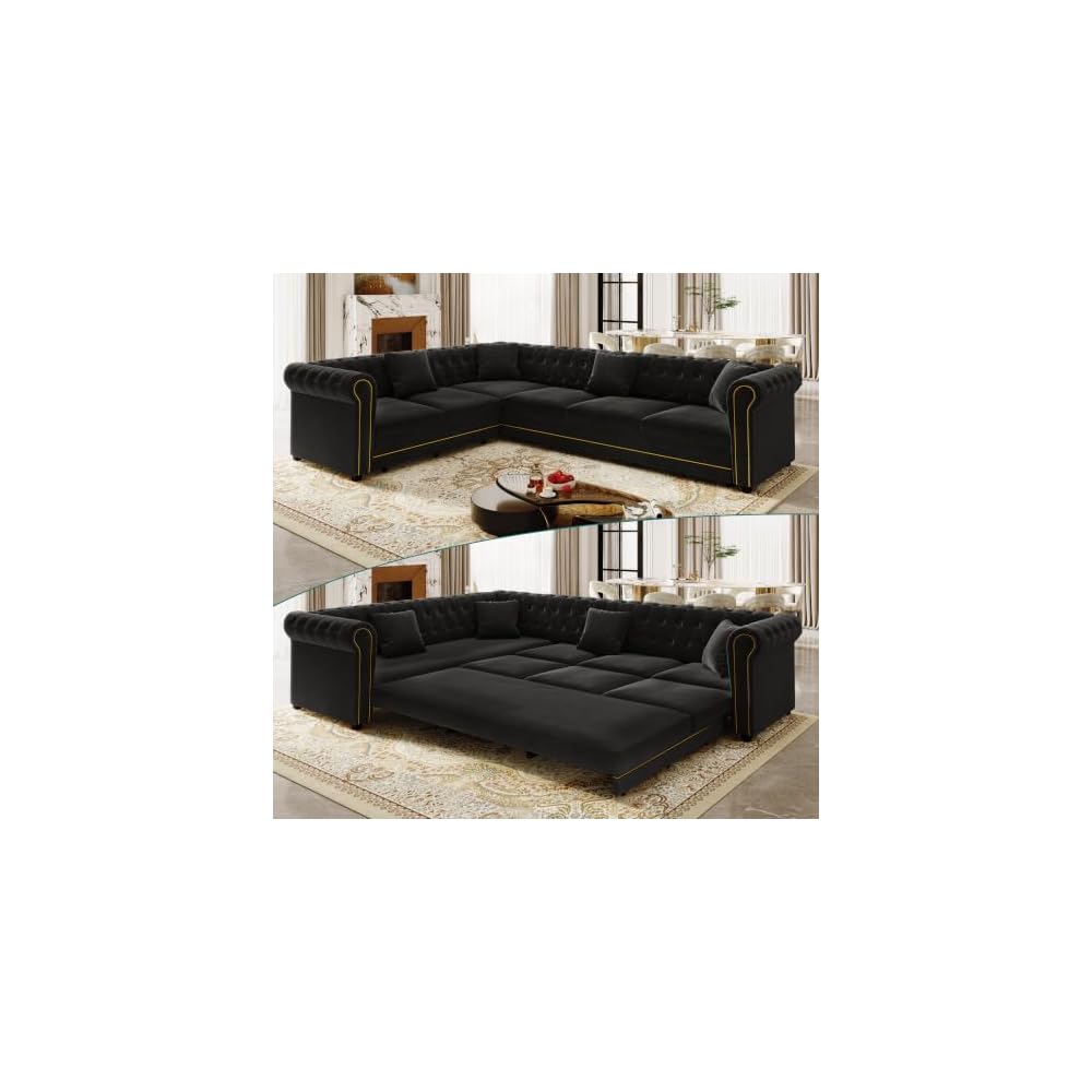 HANXIN 115.3" L-Shaped Sofa Couch with Pull Out Bed, Oversize Convertible Sectional Sleeper Sofa with Button Tufted & Rolled Arm, 6 Seat Velvet Upholstered Couches for Living Room(Black)