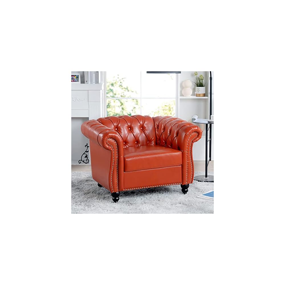 GDFStudio 39" Chesterfield Tufted Sofa Chair, Midcentury Modern 1 Seater Couch with Deep Seat Cushions, Accent Strip, Rolled Arms & Solid Wood Legs, PU Leather Accent Sofa for Living Room, Orange